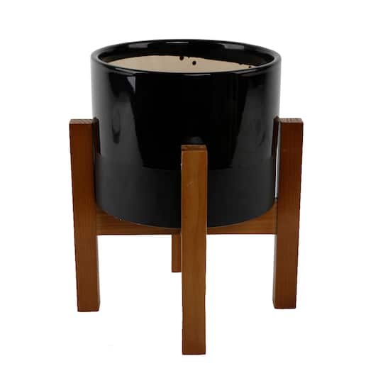 Flora Bunda; Flora Bunda 8" Black Large 2 Tone Pot On Wood Stand; Category:Planters & Containers; Image:1